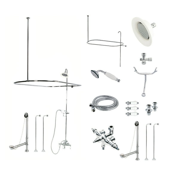 Kingston Brass CCK3141PL Vintage Tub Wall Mount Down Spout Clawfoot Tub Faucet Package with Shower Enclosure and Hand Shower, Polished Chrome