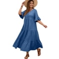 thumbnail image 2 of LWavelet Women's Plus Size Tiered Maxi Dress 3/4 Sleeve V-Neck Ruffle Cuff Casual Loose Dress Sky Blue 4XL, 2 of 5