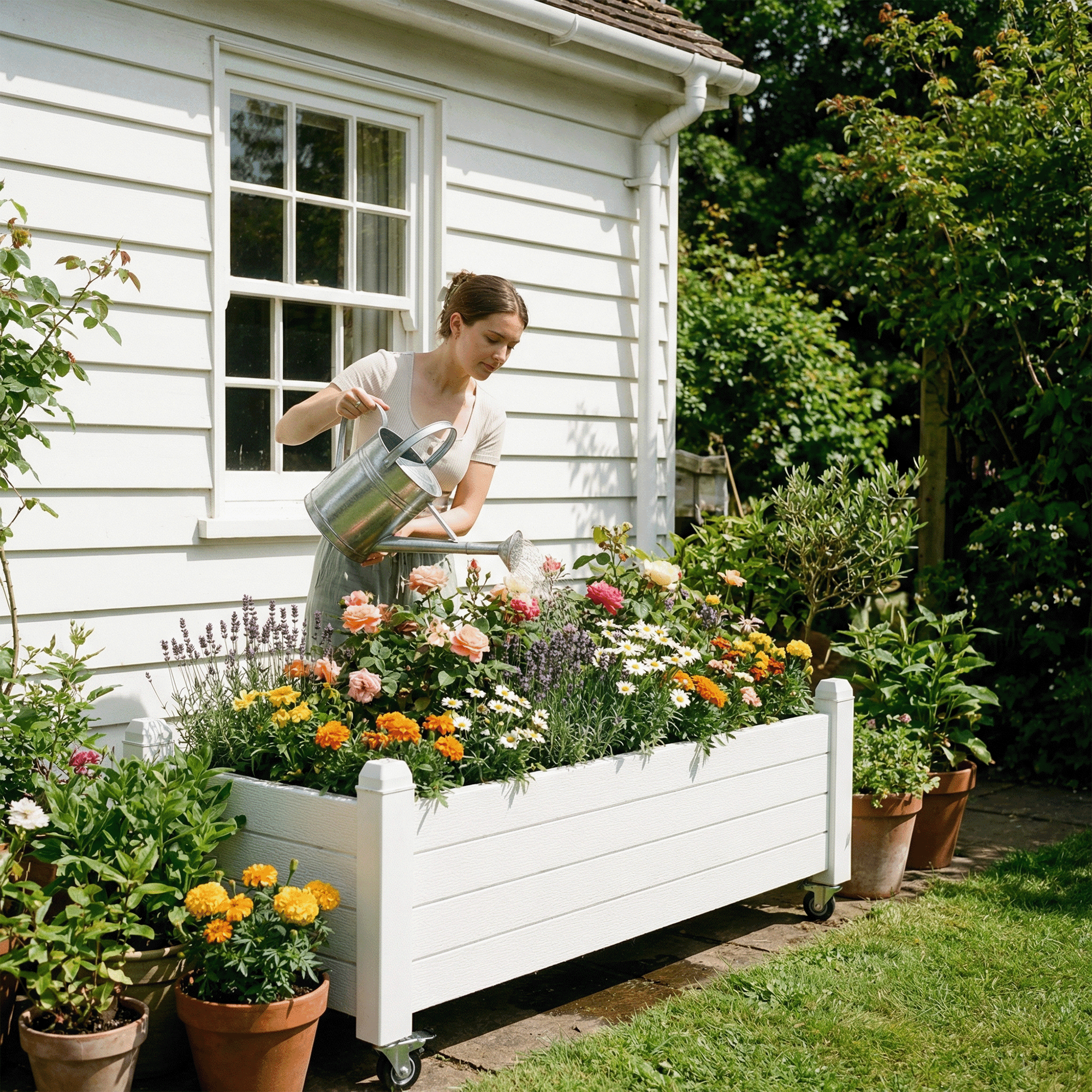Bifanuo Durable Resin Raised Garden Bed, Plant Stand with Lockable Wheels for Flowers, Vegetables,Herbs- Perfect for Backyard, Patio, and Balcony(White)