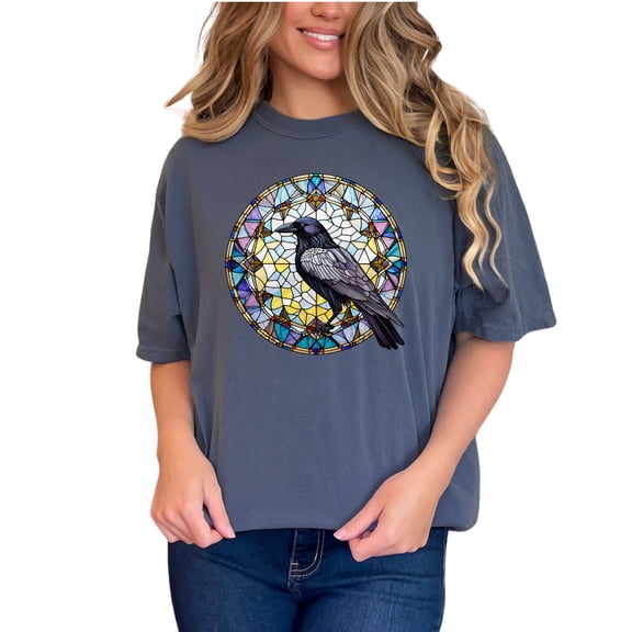 Raven Stained Glass Art T-Shirt, Unique Gothic Crow Design Tee, Colorful Bird Shirt, Artistic Raven Print, Boho Mandala Pattern Top, Denim Comfort Colors T-Shirt, Small