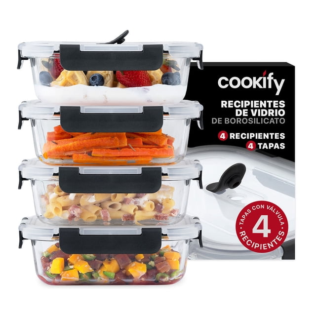 Set 4 Recipentes De Vidrio Cookify, Tapa Hermética | Refractarios Contenedores Resistentes Sin Bpa, Aptos Para Horno, Congelador