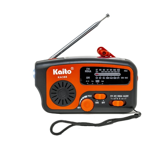 Kaito KA388 AM/FM NOAA Weather Alert Emergency Radio with Crank and Solar Red
