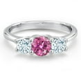thumbnail image 3 of Gem Stone King 14K White Gold Pink Moissanite & Sky Blue Aquamarine 3-Stone Engagement Ring | 1.00 Cttw | Round 5MM and 4MM | Three Stone Wedding Anniversary Promise Ring for Women (Size 7), 3 of 6