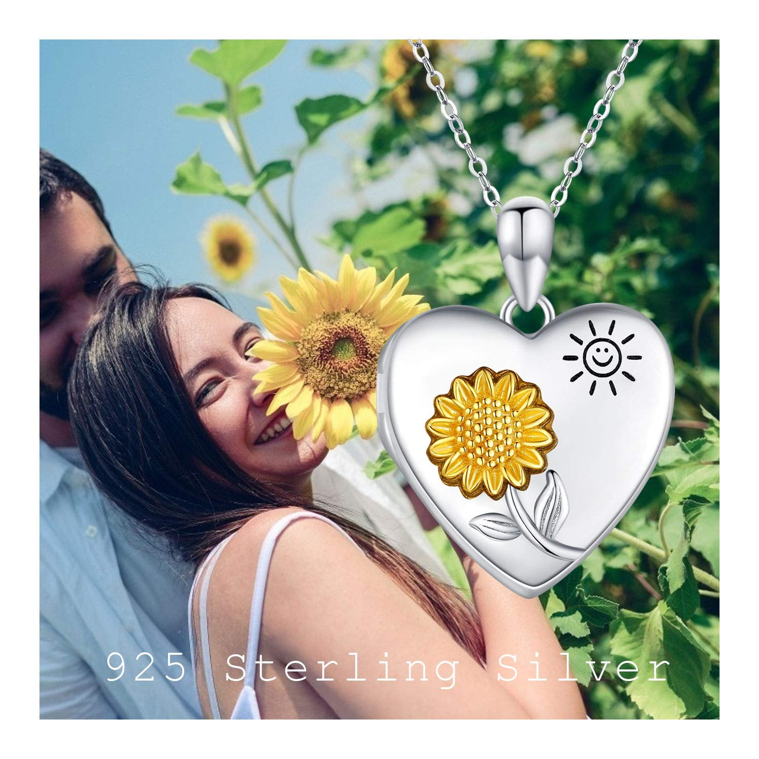 Coachuhhar Sunflower Locket Necklace for Women 925 Sterling Silver Heart Locket Necklace That Holds Pictures You are My Sunshine Necklace Sunflower Jewelry Gifts for Mother's Day