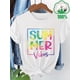thumbnail image 1 of Women's Casual Short Sleeve T-Shirt - 100% Cotton Summer Vibes Graphic Tee with Colorful Gradient Letter Print, Round Neck Regular Fit for Spring Summer Fall, Machine Washable, Seasonal, Vibrant Prin, 1 of 4