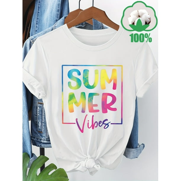 Women's Casual Short Sleeve T-Shirt - 100% Cotton Summer Vibes Graphic Tee with Colorful Gradient Letter Print, Round Neck Regular Fit for Spring Summer Fall, Machine Washable, Seasonal, Vibrant Prin