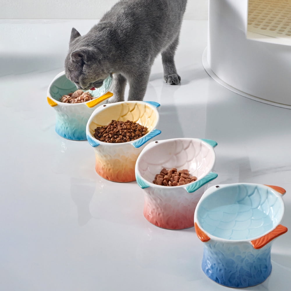 Cat bowl ceramic utensils protect cervical vertebrae eating pot cat food cat bowl colorful fish - PINK