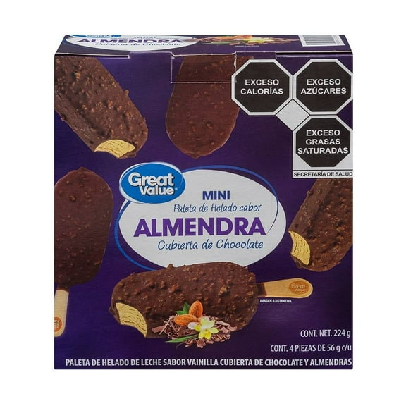 Mini paletas heladas Great Value sabor vainilla cubiertas de chocolate y almendras 4 pzas de 56 g c/u