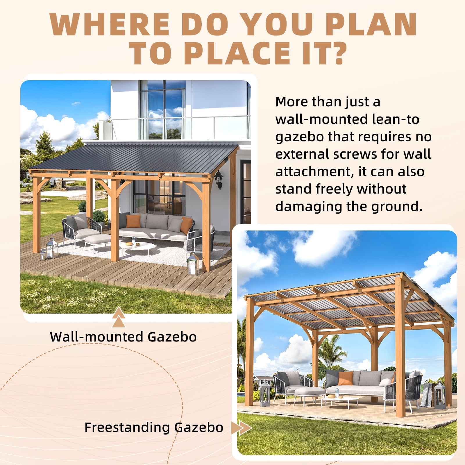 AECOJOY 10' x 14' Wood Gazebo, Outdoor Heavy Duty Wooden Pergola on Clearance, Patio Lean to Hardtop Awnings