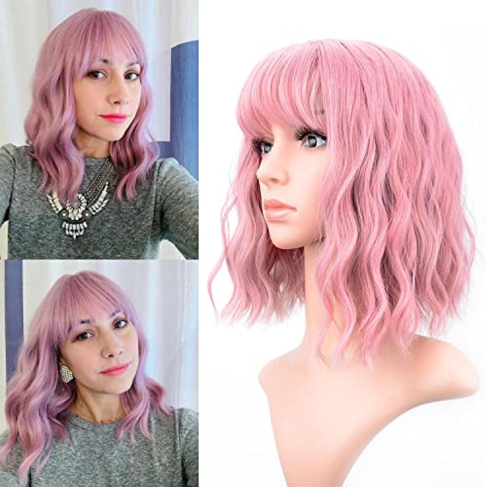 Short Wavy Bob Wig with Bangs for Women, Shoulder Length, Silky Soft Synthetic AISI HAIR Red Short Curly Bob Wig with Bangs | Burgundy Wine  main image 2