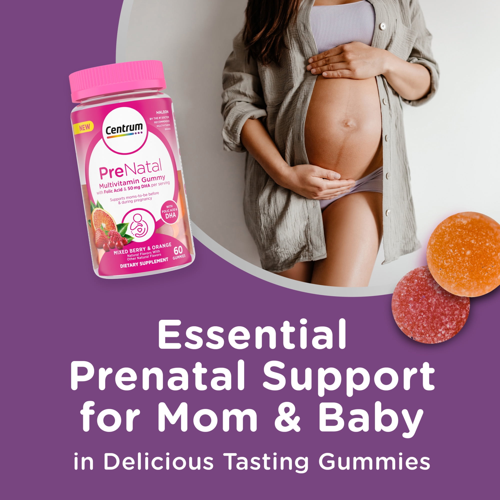 (2 pack) Centrum Prenatal Gummy Vitamins With Dha and Folic Acid, Mixed Berry and Orange, 60 Count