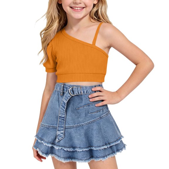 Nskgu Girls One Shoulder Ribbed Top and Denim Skirt Set Kids 2 Piece Casual Outfits with Belt Detail for Daily Wear