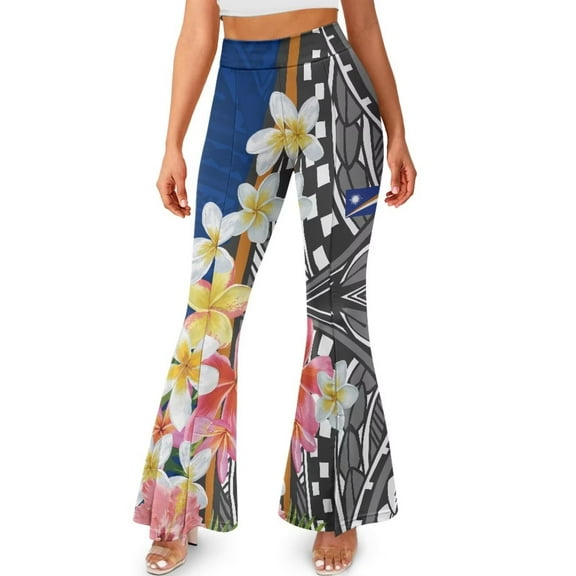 FKELYI Polyenesian Frangipani Flower Print Yoga Pants Bell Bottom Leggings Pants for Women Girls Flare Leggings with Wide Leg Tummy Control Sweatpants for Workout, M