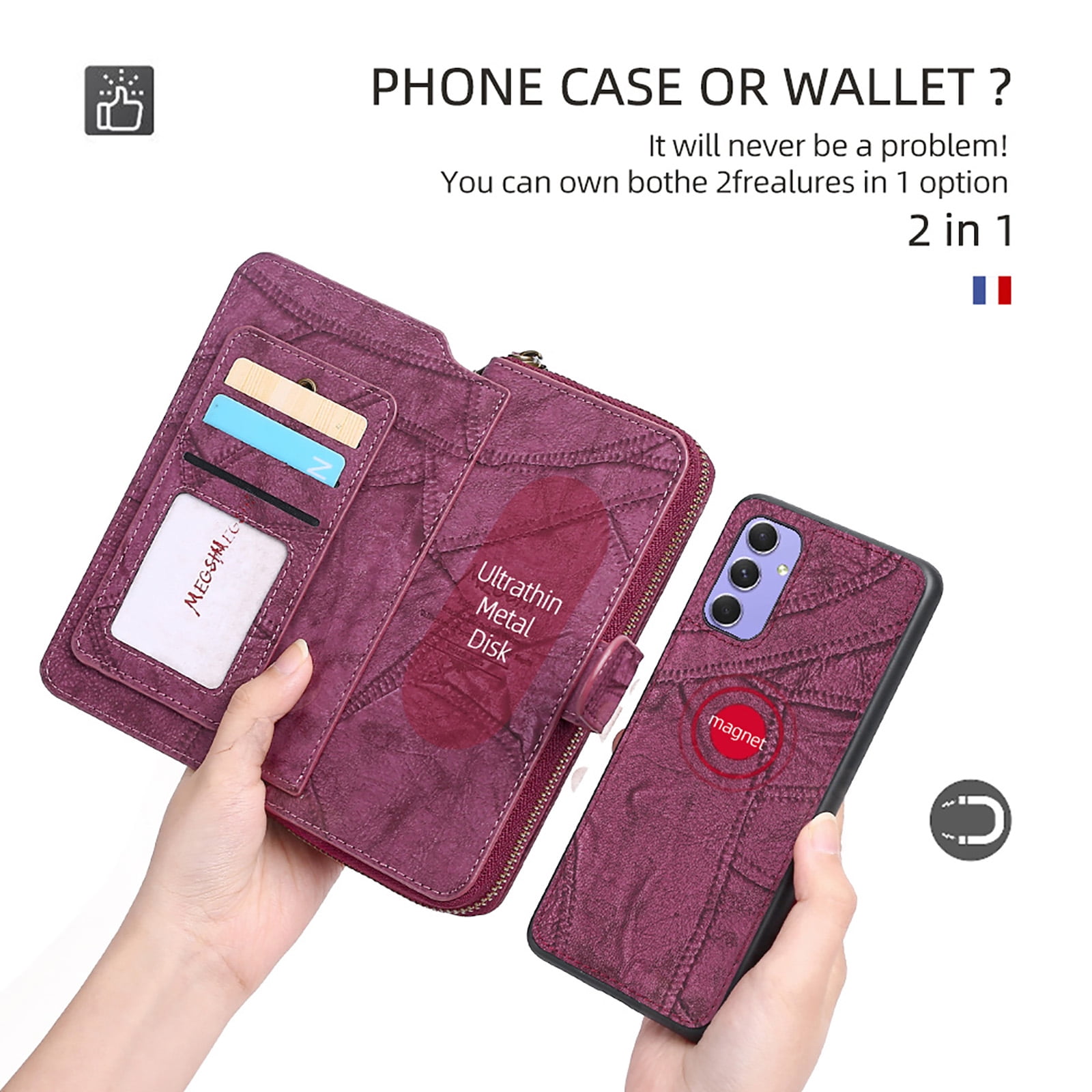 For Samsung Galaxy S25+ Wallet Case with RFID Blocking Credit Card Holder, Detachable Wallet Phone Case Magnetic Closure Flip Kickstand PU Leather Flip Lanyard Strap Wristlet Zipper Purse,Winered