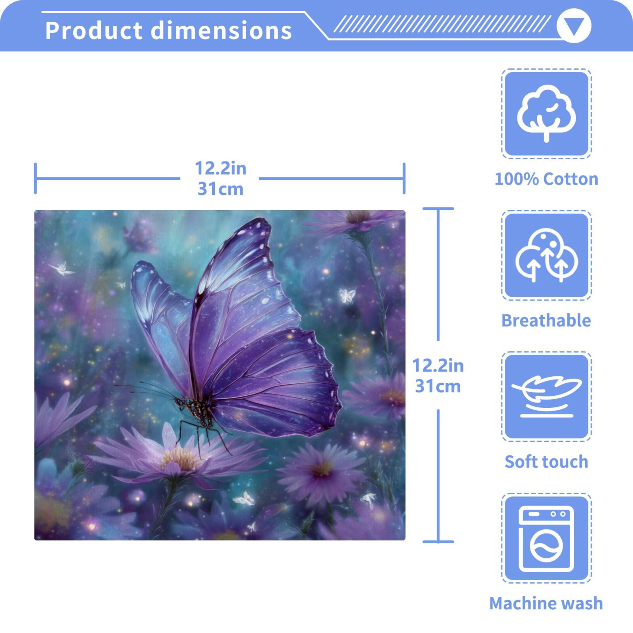 Purple Sparkling Butterfly 100% Cotton Face Towel 12x12in Soft Absorbent Washcloth Durable Printed Hand Towels for Bathroom Travel 6 Pcs