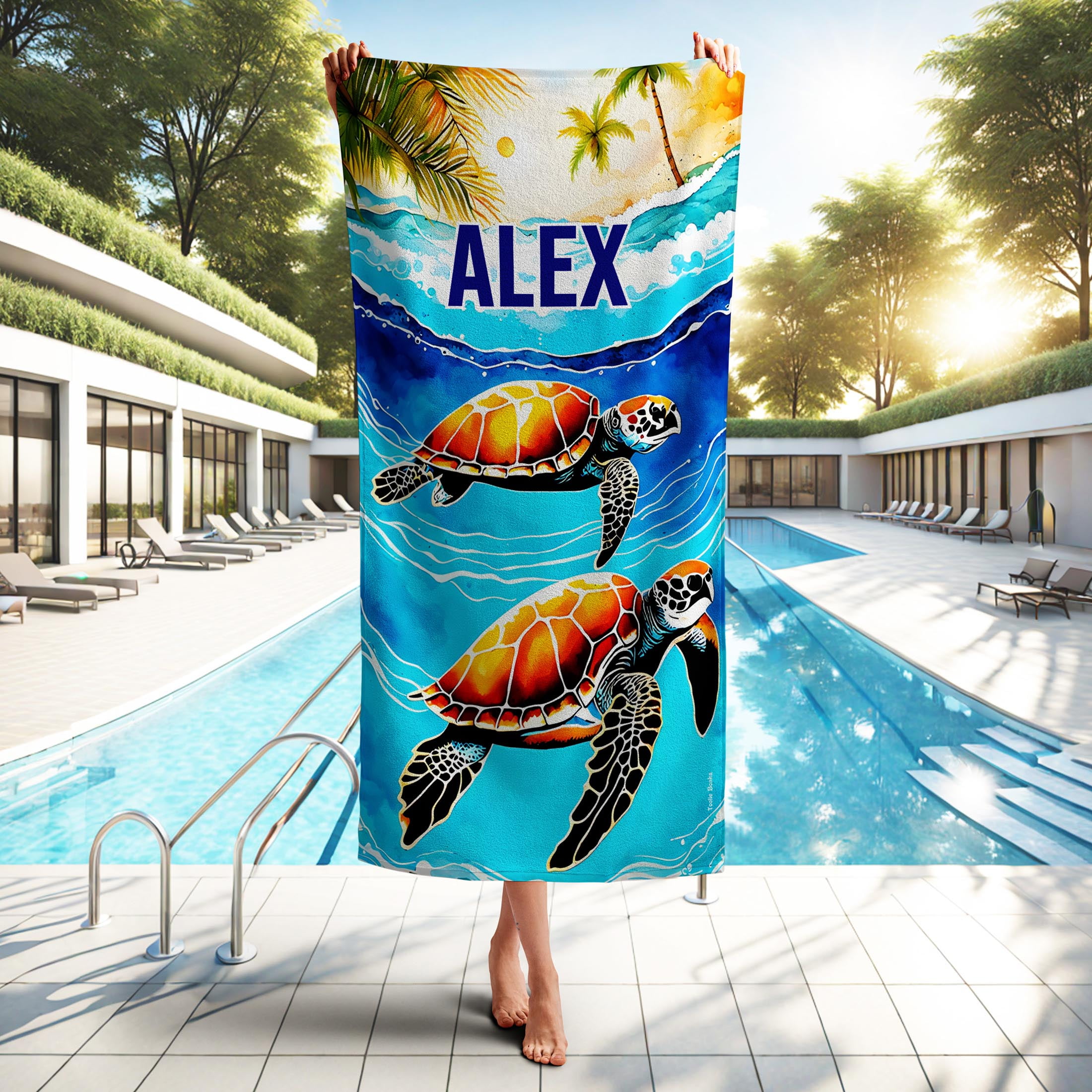 Toolie Bonka Personalized Tropical Sea Turtle Beach Towel for Boys, 30×60 Dual sided Polyester & Cotton gift towels for kids