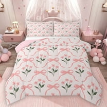 Homewish Ribbon Bow Tie Bedding Comforter Set,Cartoon Flower Floral Twin Comforter Sets,Pink Green Bedding Set For Teens,Luxury Bedroom Decor Reversible,2pcs