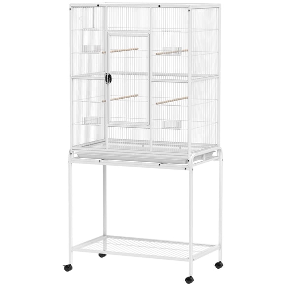64" Large Bird Cage with Rolling Stand, White Metal Bird House with Storage Shelf, 4 Wood Perches & Food Containers, Indoor Pet Bird Enclosure for Small to Medium Birds