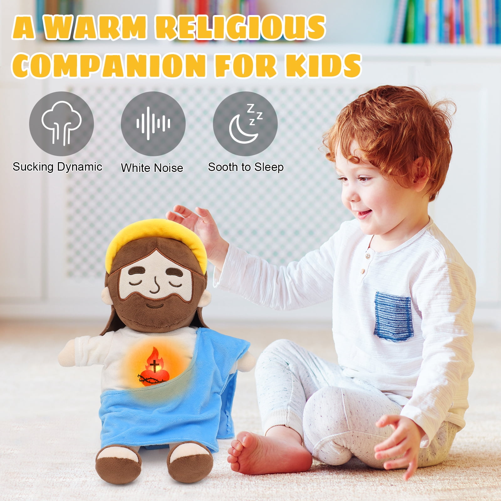 Halo Breathing Jesus Plush Doll Sacred Heart Jesus Doll Sound And Light, Christian Religious Toy For Church Prayer Home Decoration Baptism Easter Christmas Kid Gifts-Blue