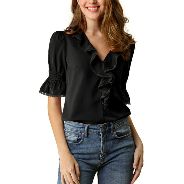 INSPIRE CHIC Women's Ruffled V Neck Puff Elbow Sleeve Semi-Sheer Chiffon Blouse M Black