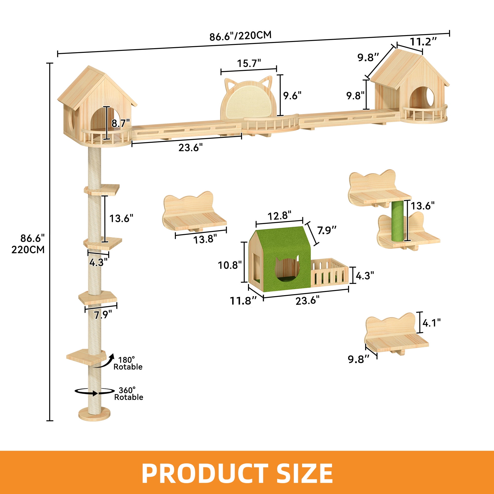 Craftian 21-Piece Cat Wall Shelves Set, Pine Wood Cat Wall Furniture with 3 Houses, 1 Cat Bed, 6 Sisal Posts and 2 Tunnels, Fun Cat Shelves and Perches for Wall, Cat Climbing Shelf and Steps