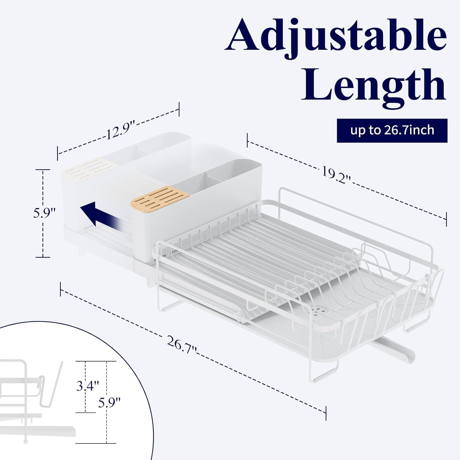 Large Dish Drying Rack - Extendable Dish Rack, Multifunctional Dish Rack for Kitchen Counter, Anti-Rust Dish Drainers with Cutlery & Cup Holders 19.2"-26.7" L x 12.9" W, White
