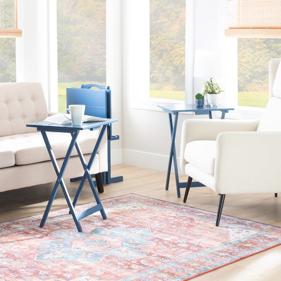 Contemporary Home Living 4-Piece Folding Planked Top Tray Table Set - 26.5" - Blue