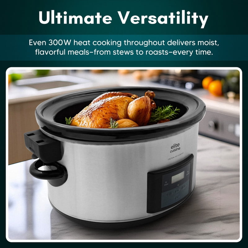 Elite Cuisine MST512 8.5Qt. Stainless Steel Programmable Slow Cooker with locking lid
