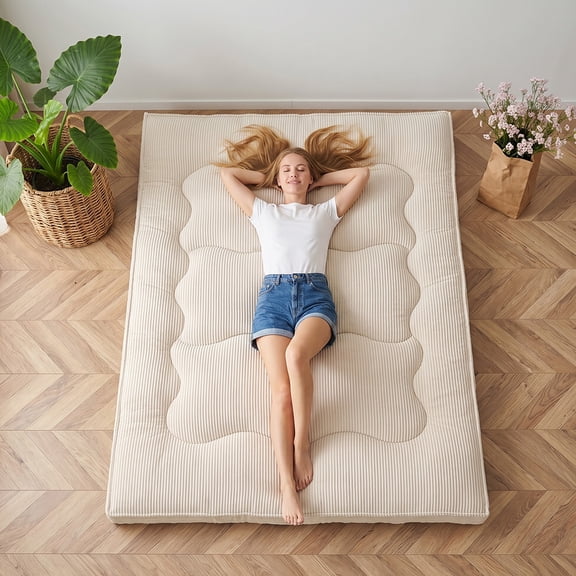 Japanese Floor Mattress, 4" Thicken Futon Mattress Queen Size Sleeping Pad, Corduroy Foldable Floor Pad, Roll Up Tatami Mat for Adults Guest Room Bedroom