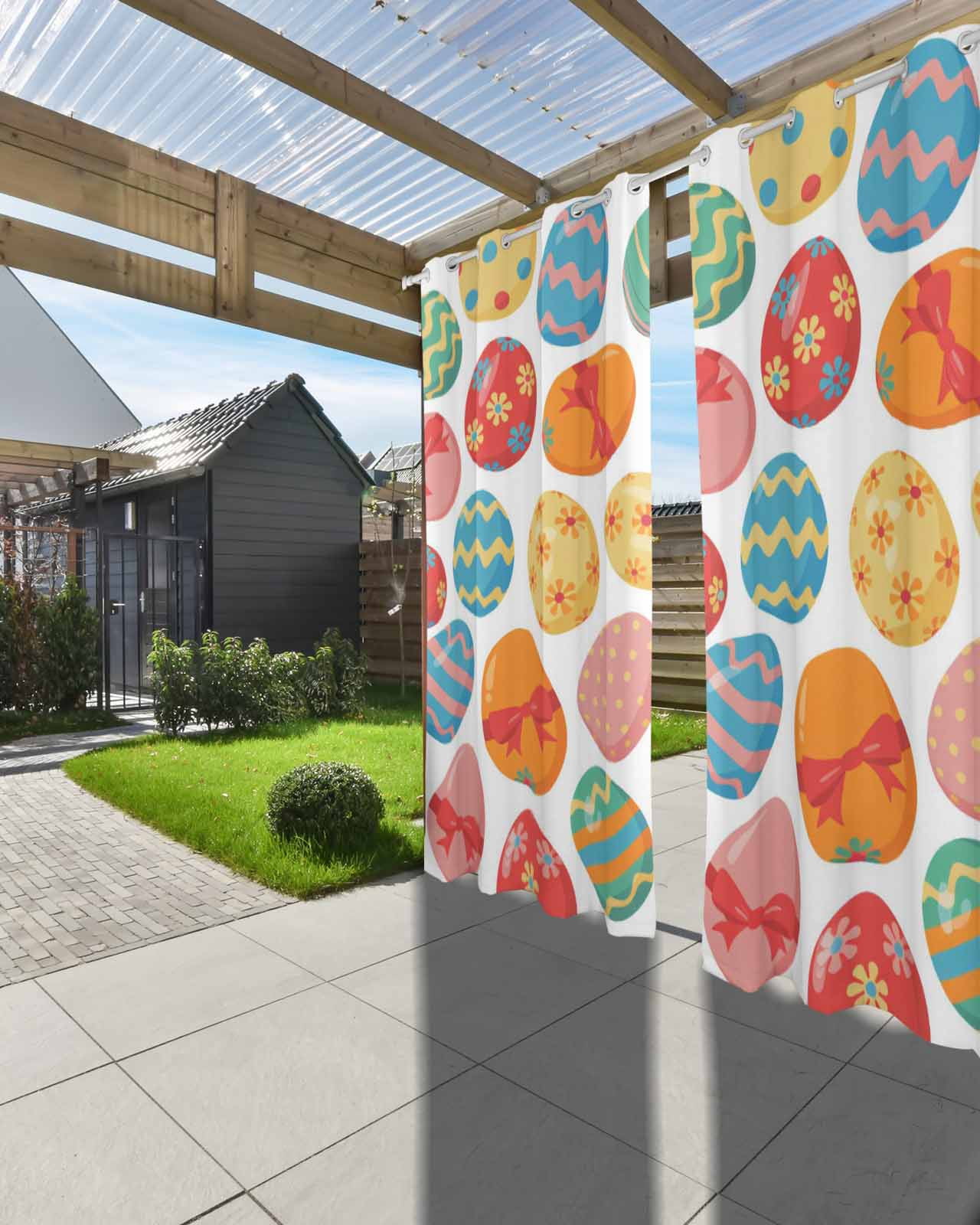 Easter Eggs Outdoor Curtains for Patio, Spring Colorful Striped Dots Bow Egg Watercolor Privacy Drapes Grommet Waterproof Outside Curtains for Porch/Cabana/Balcony 54"x 108", 1 Panel