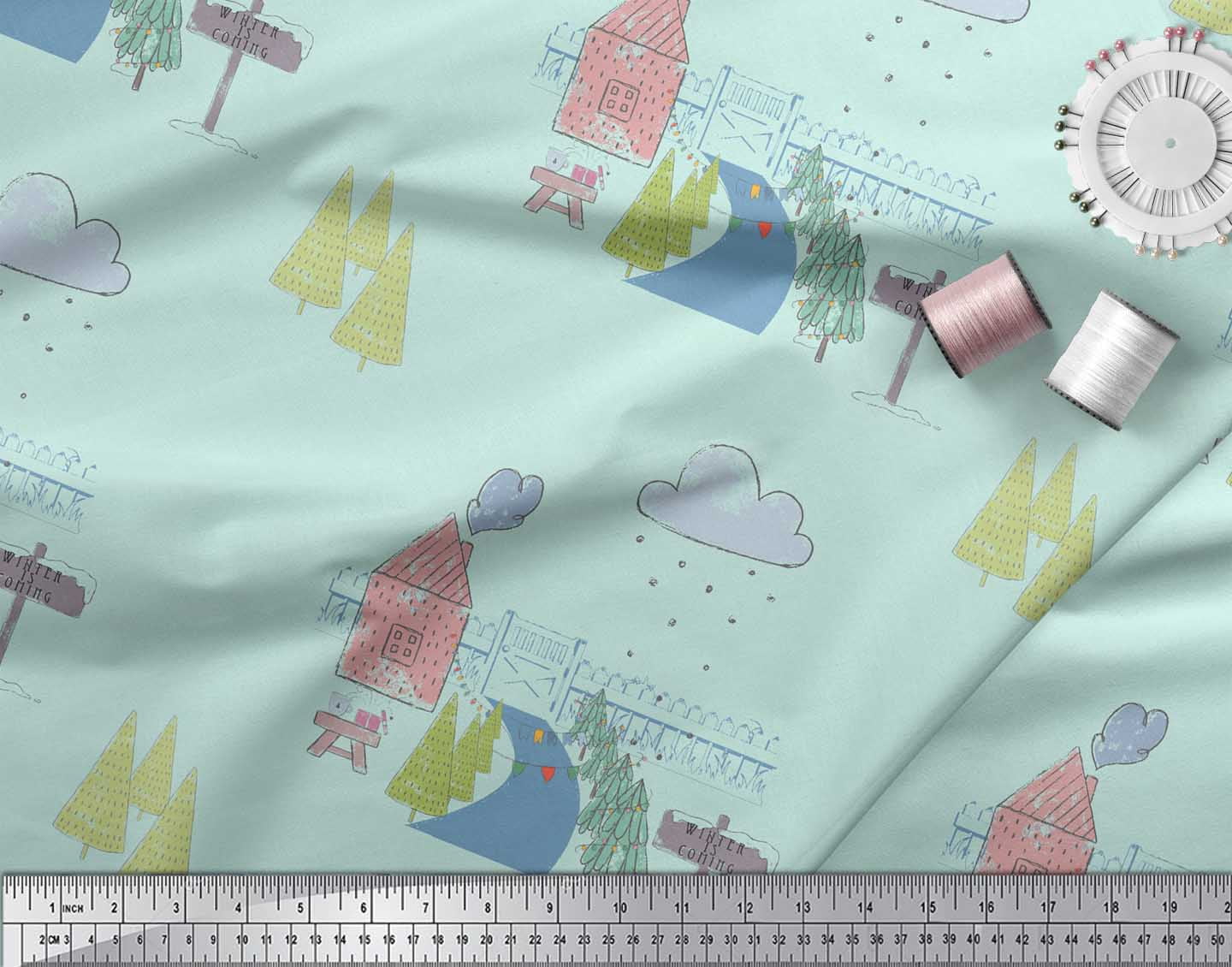 Soimoi Green Poly Georgette Fabric Clouds & Tree Christmas Decor Fabric Printed Yard 52 Inch Wide