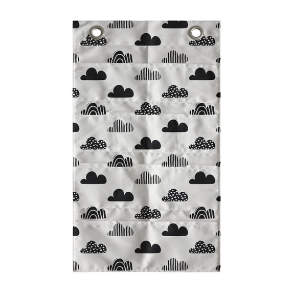 Clouds Hanging Pocket Organizer, Abstract Repetitive Sky Elements Soft Tones Simplistic Illustration, Printed Polyester Storage Bag with Pockets, 21" x 31", Charcoal Grey Off White