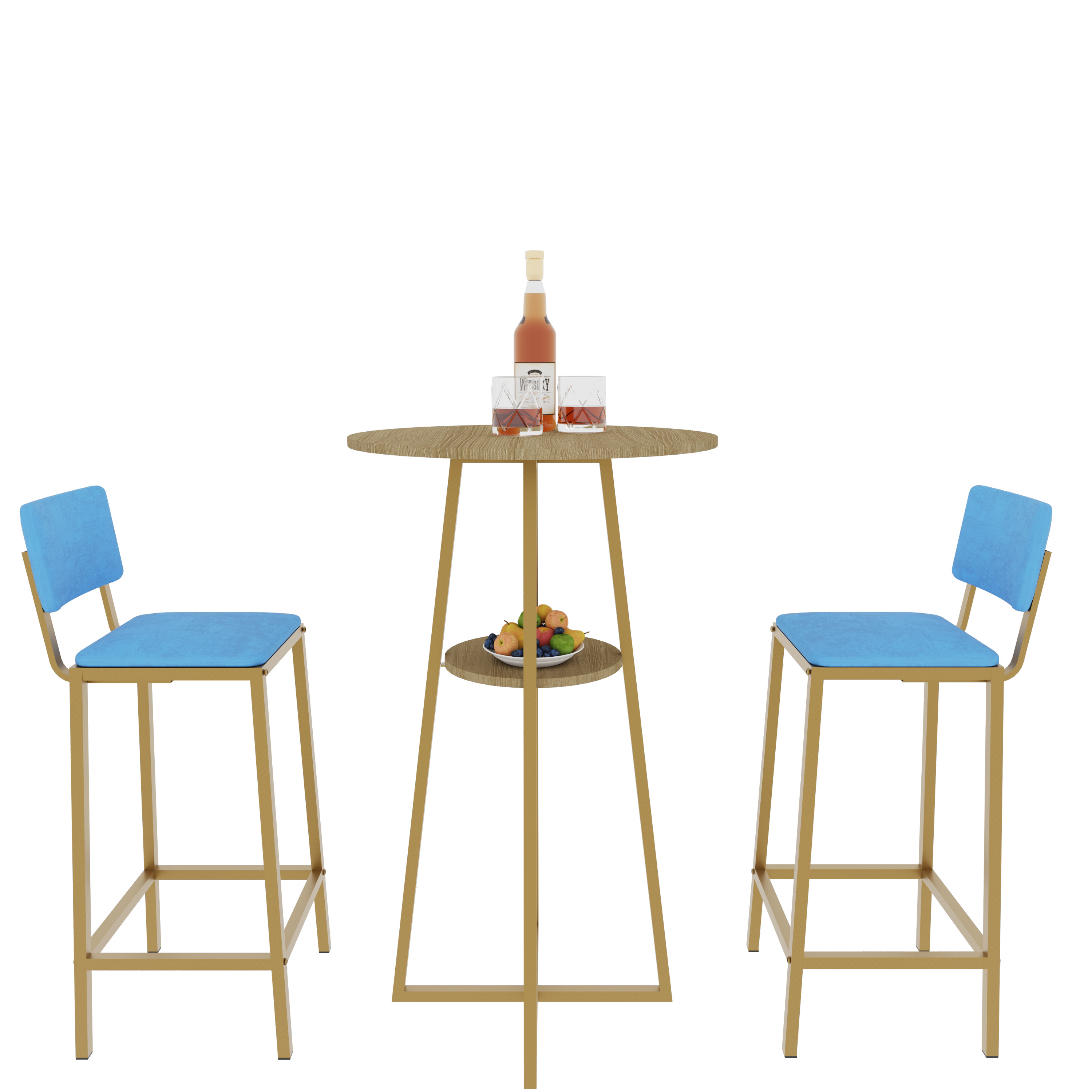 Aukfa 3 Pcs Dining Table Set, Bar Table and Chairs Set with storage cushions for Breakfast Kitchen Dining Room, Blue