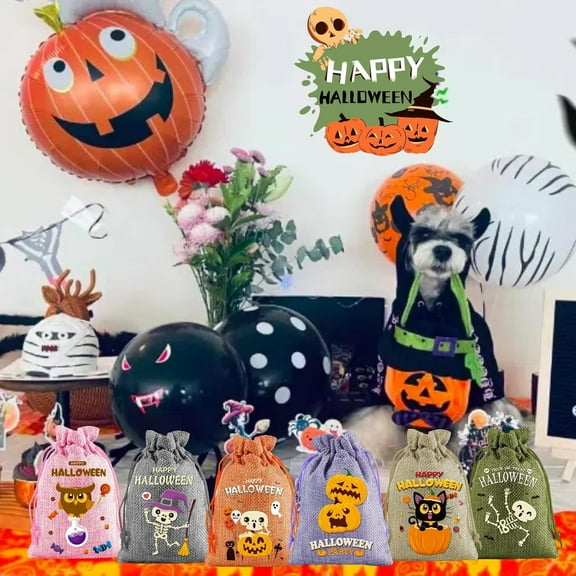 DeskAKBK Drawstring Candy Bags 10x14cm Set of 6 Halloween Pumpkin Patterns Natural Linen Fabric Trick or Treat Party Favors Storage