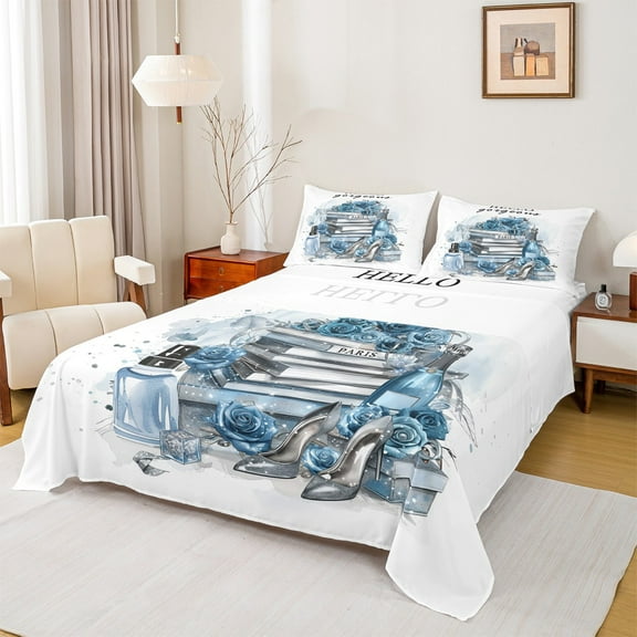 Manfei Girl Perfume High Heels Twin Sheet Sets,Watercolor Splashing Ink Twin Fitted Sheet,Blue Flower Floral Flat Sheet For Girls Kids,Microfiber Bedroom Decor,3-Piece