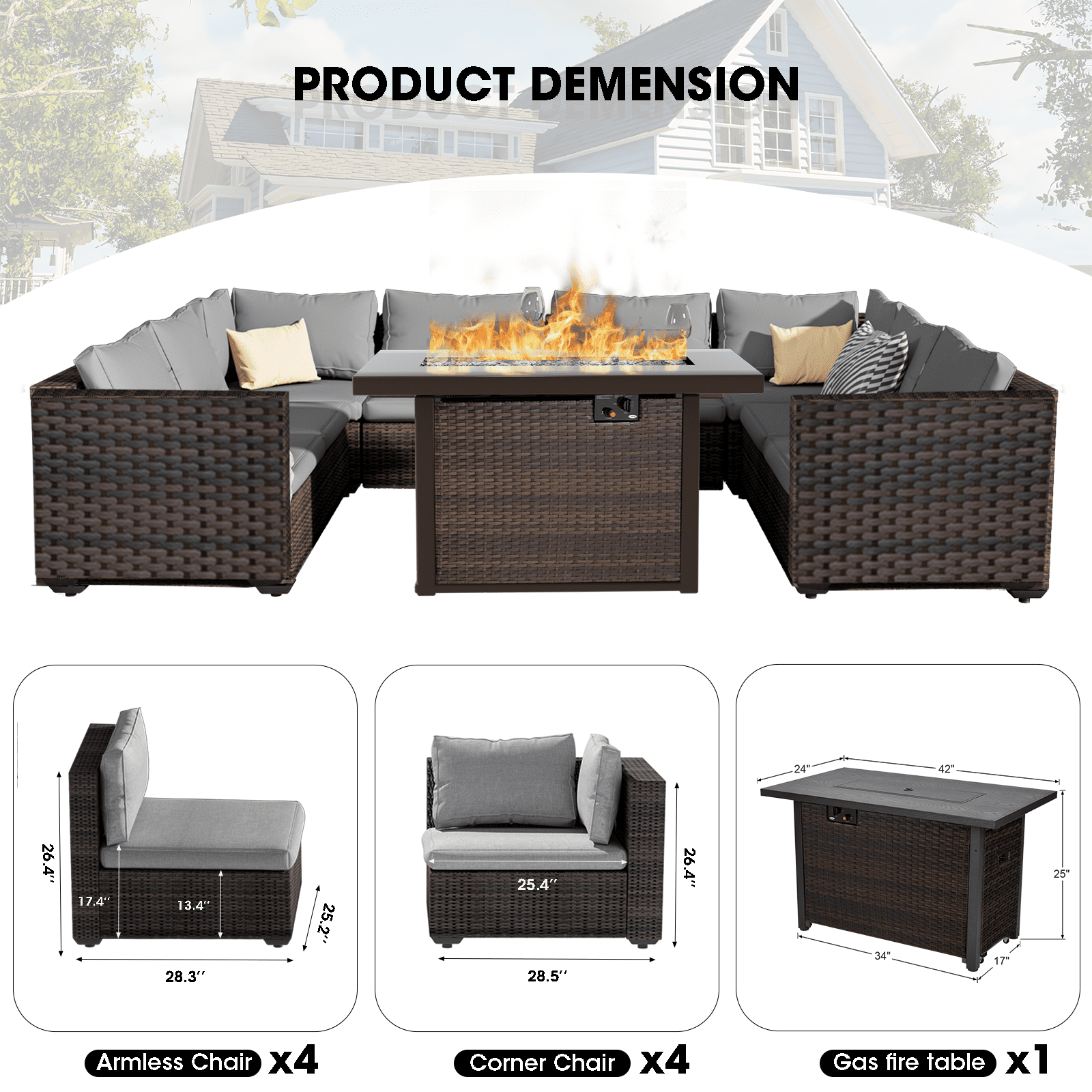 GREZONE 9 Piece PE Wicker Rattan Outdoor Patio Bar Sett with Fire Pit Table, Gray