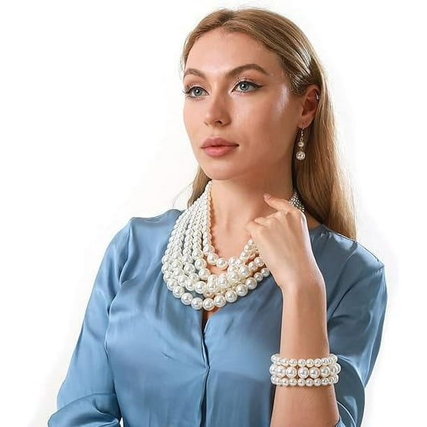 Large Pearl Necklace for Women Five Multi Strand Pearl Necklace Bracelet Earrings set Big Pearl Bib Necklace 1920s Costume Jewelry Set Walmart
