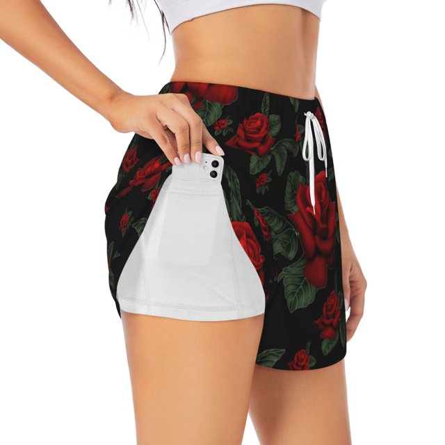 Balery Roses Pantalones cortos deportivos para mujer con forro y dos bolsillos, elásticos, para entrenamiento, gimnasio, yoga-X-Large