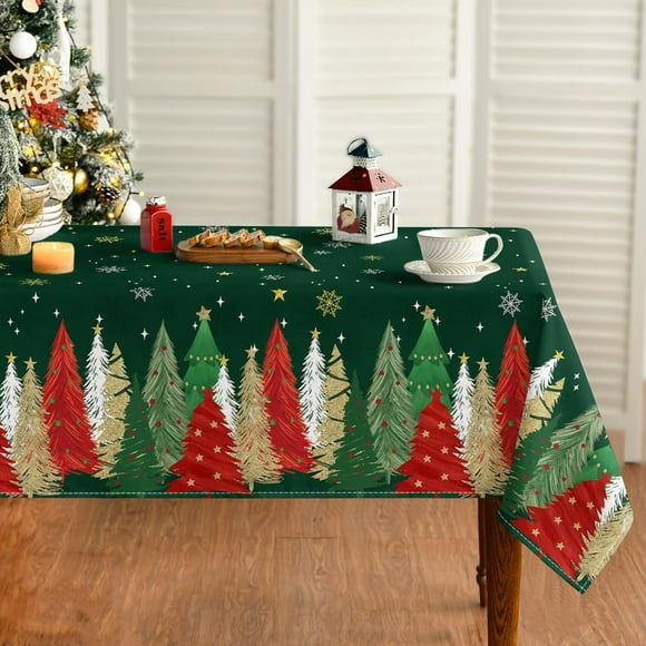 Mantel de Navidad Rectangular de 52x70 Pulgadas, Árboles de Navidad Verde Mantel Lavable para Decoración de Fiesta Picnic Cena