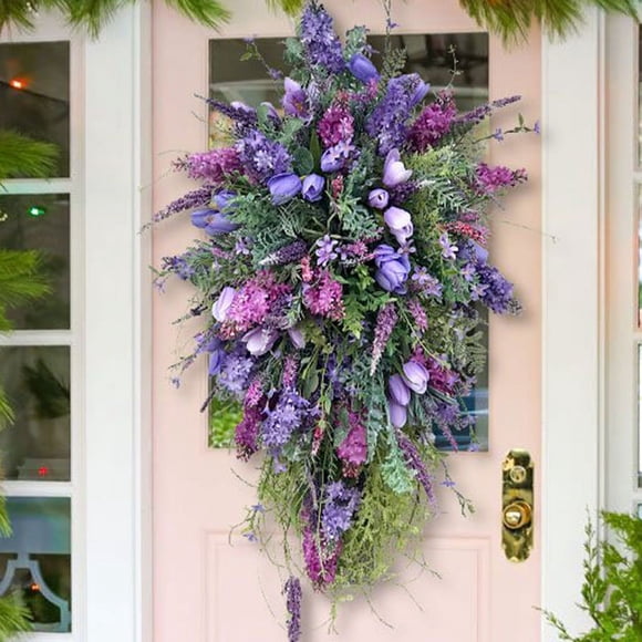 Artificial Flower Wreath, Purple Tulip Wreath Spring/Summer Wreath, Suitable for Front Door Indoor Wall Window Decor and Festival Celebration