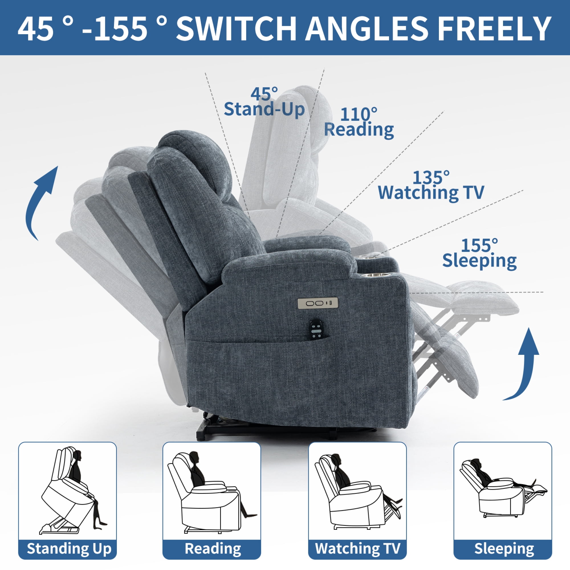 Leumius Power Lift Recliner Chair,Heavy Duty Recliners with 8-Point Vibration Massage and Lumbar Heating,Oversized Single Sofa with Cup Holder,USB and Type-C Ports,Blue