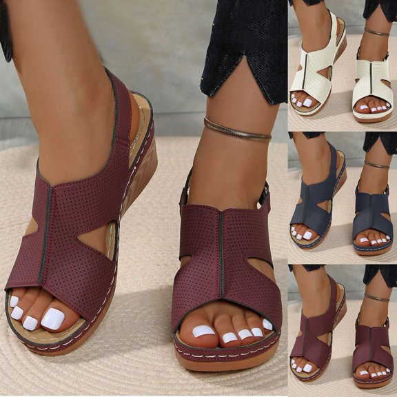 Qodauz Women's Faux Wood Sandal Chunky Block Heels Sandals Dressy Open Toe Ankle Strap Buckle Platform Sandals Breathable Wide Width Work Office Walking Shoes 7