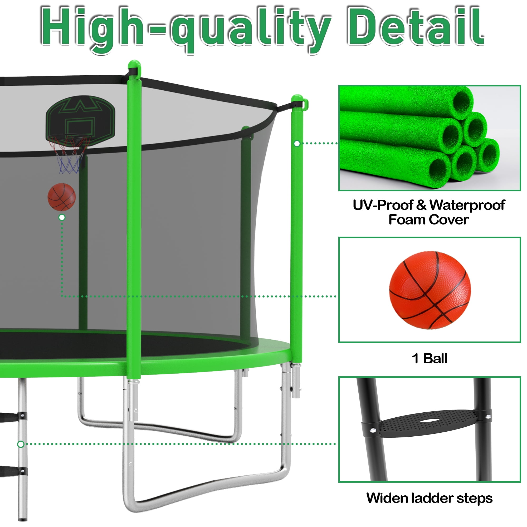 LHX 12FT 14FT 16FT Trampoline with Enclosure Net, Outdoor Trampolines for Kids Adults, Backyard Recreational Trampoline with Basketball Hoop, Ladder, Heavy Duty, 1200 lbs Weight Loading, Round