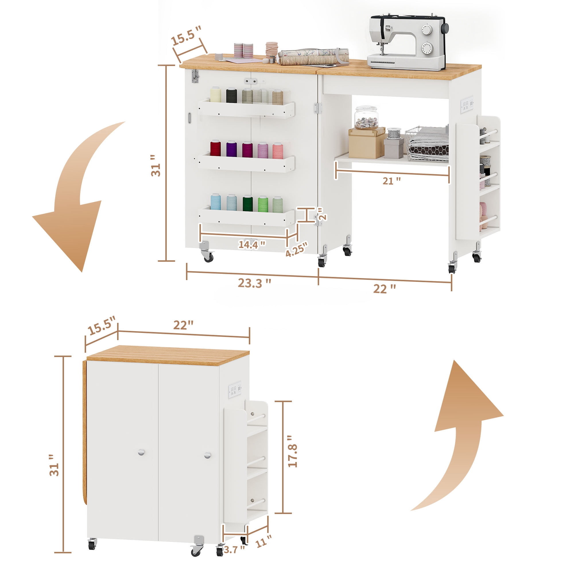 WARAYZ Foldable Space-Saving Sewing Table with Storage, Power Outlet, 6 Side Trays & Open Shelf, Lockable Wheels, White, 1 Count