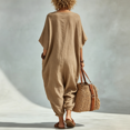 thumbnail image 3 of Women Long Sleeve Wide Leg Jumpsuit Beach Palazzo Pants One Piece Jumpsuit Khaki M, 3 of 3