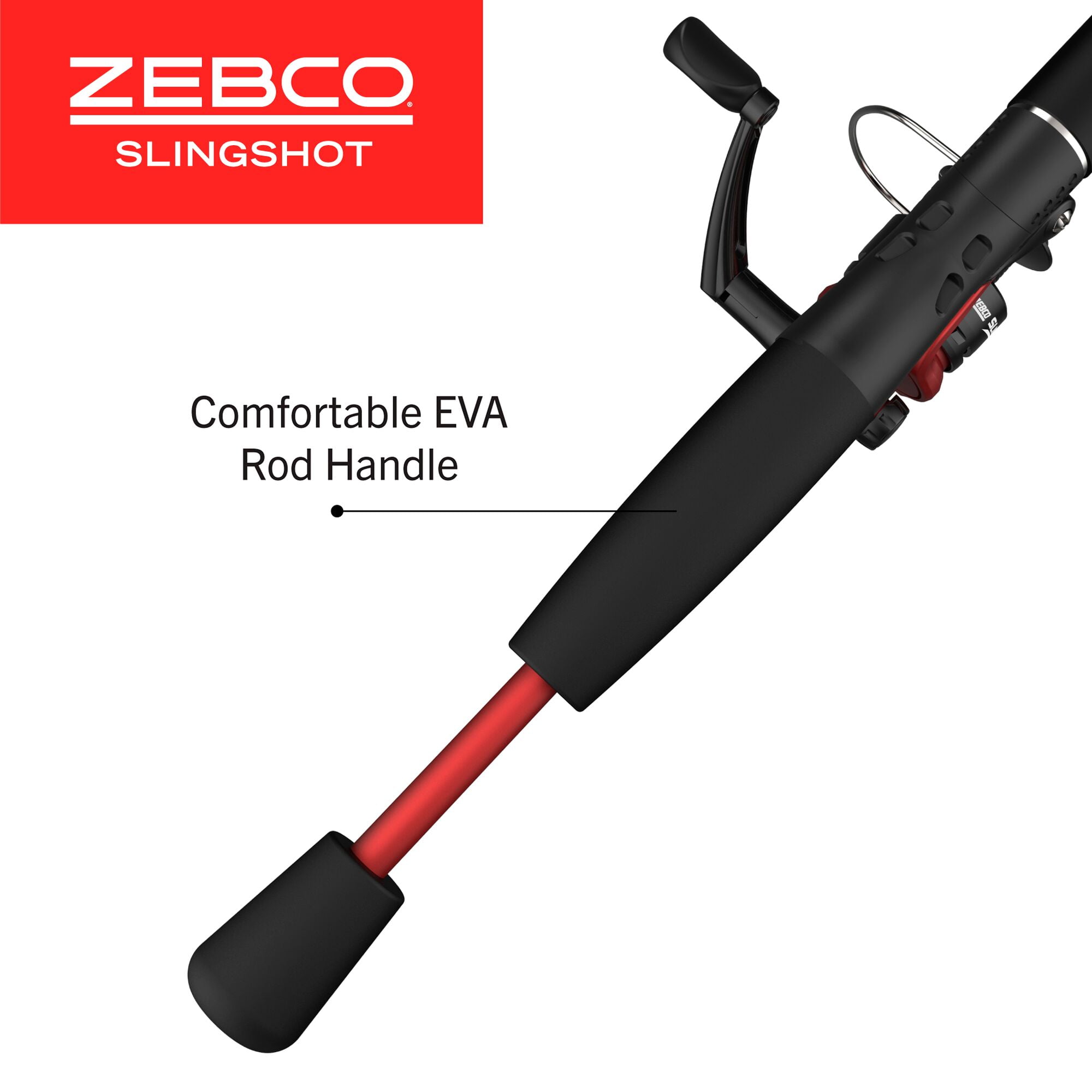 Zebco Slingshot Spinning Reel and Fishing Rod Combo, 5-Foot 6-Inch 2-Piece Fishing Pole, Size 20 Reel, Changeable Right- or Left-Hand Retrieve, Pre-Spooled with 8-Pound Zebco Cajun Line, Red