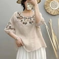 thumbnail image 2 of Dazajoo Linen Half Sleeve Tops for Women Vintage Embroidered Round Neck Blouses Summer Plus Size Boho Shirts,Beige,L, 2 of 4