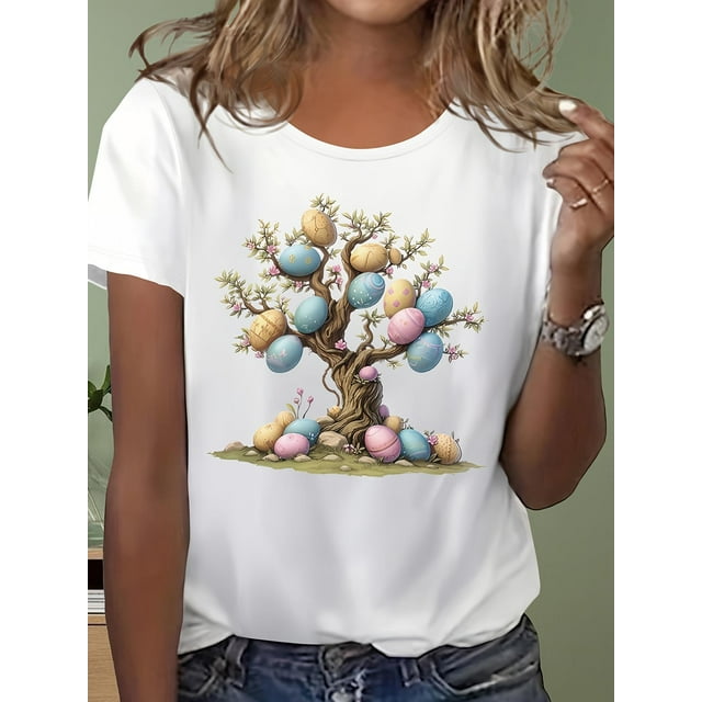 Women's Easter Egg Tree Graphic T-Shirt - Casual Crew Neck, Short Sleeve, Polyester Blend, Machine Washable, Vibrant Spring/Summer Top Tee For Adult, Men, Women, Teen, Teenager, Adolescent, Youth.
