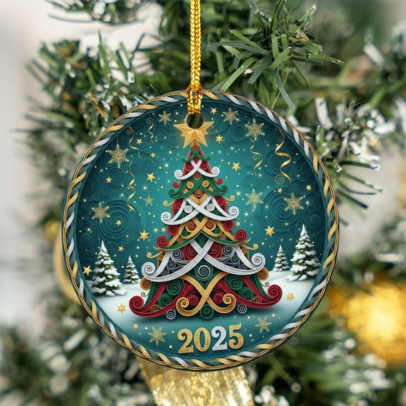 ViciArt 2025 Christmas Tree Ornament, Ceramic, 3" Round, Colorful Quilling Design, Holiday Decor