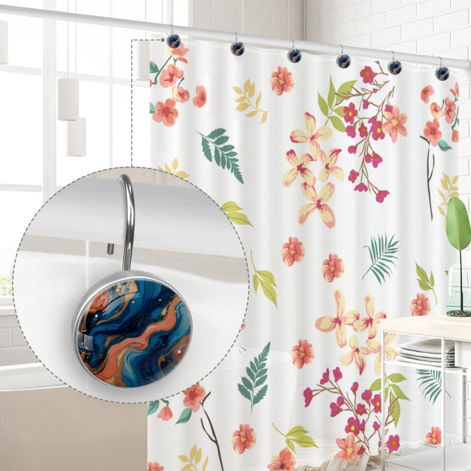 Blue Pink Marble 12 Pack Shower Curtain Hooks, Decorative Shower Rings for Shower Curtain Rods, Stainless Steel, Rust Resistant, Round Curtain Hooks for Bathroom